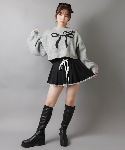 SPINNS(スピンズ)の「大きなリボンが主役☆クロップド丈フェザーニット/リボン(ニット/セーター・レディース・ネイビー/ボルドー/アイボリー/グレー・ONESIZE)」の21枚目の写真