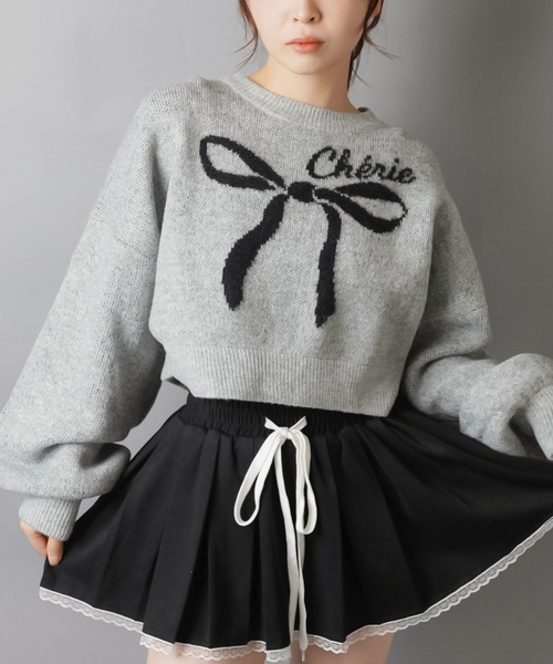 SPINNS(スピンズ)の「大きなリボンが主役☆クロップド丈フェザーニット/リボン(ニット/セーター・レディース・ネイビー/ボルドー/アイボリー/グレー・ONESIZE)」の7枚目の写真