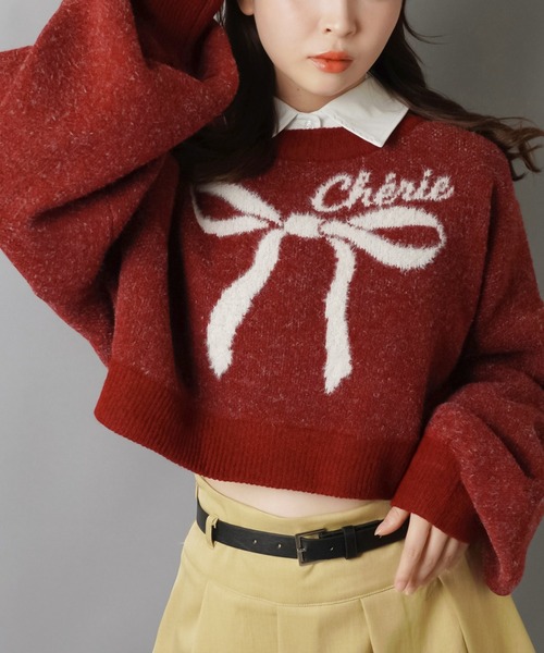 SPINNS(スピンズ)の「大きなリボンが主役☆クロップド丈フェザーニット/リボン(ニット/セーター・レディース・ネイビー/ボルドー/アイボリー/グレー・ONESIZE)」の13枚目の写真