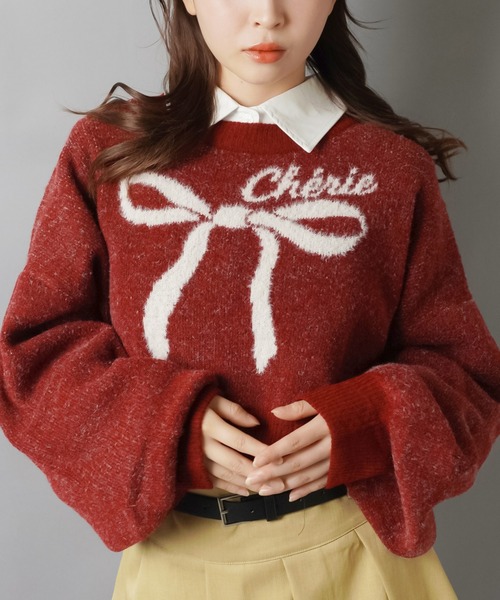 SPINNS(スピンズ)の「大きなリボンが主役☆クロップド丈フェザーニット/リボン(ニット/セーター・レディース・ネイビー/ボルドー/アイボリー/グレー・ONESIZE)」の10枚目の写真