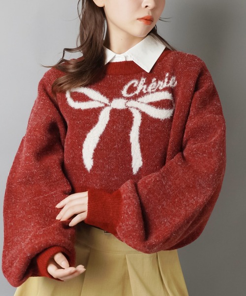 SPINNS(スピンズ)の「大きなリボンが主役☆クロップド丈フェザーニット/リボン(ニット/セーター・レディース・ネイビー/ボルドー/アイボリー/グレー・ONESIZE)」の12枚目の写真