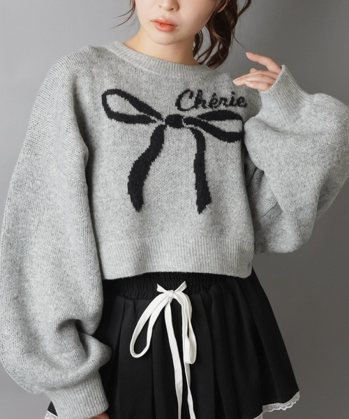 セール】大きなリボンが主役☆クロップド丈フェザーニット/リボン