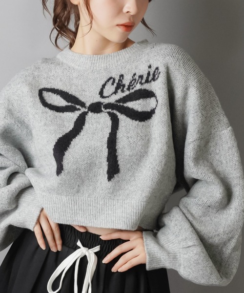 SPINNS(スピンズ)の「大きなリボンが主役☆クロップド丈フェザーニット/リボン(ニット/セーター・レディース・ネイビー/ボルドー/アイボリー/グレー・ONESIZE)」の8枚目の写真