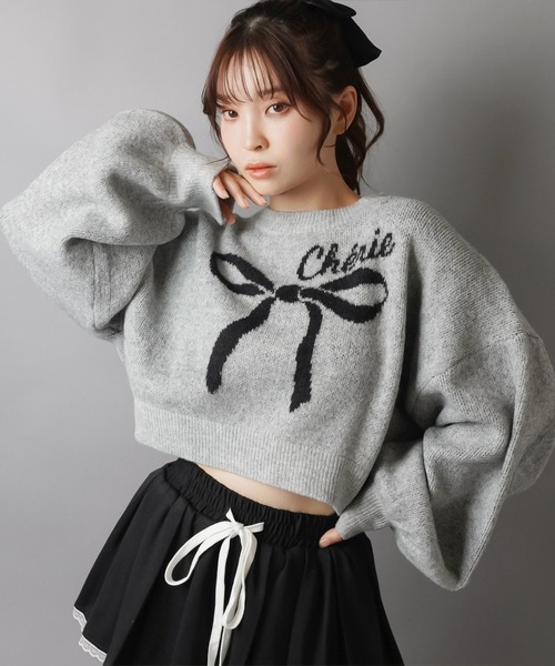 SPINNS(スピンズ)の「大きなリボンが主役☆クロップド丈フェザーニット/リボン(ニット/セーター・レディース・ネイビー/ボルドー/アイボリー/グレー・ONESIZE)」の9枚目の写真