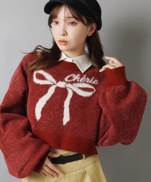 SPINNS(スピンズ)の「大きなリボンが主役☆クロップド丈フェザーニット/リボン(ニット/セーター・レディース・ネイビー/ボルドー/アイボリー/グレー・ONESIZE)」の14枚目の写真