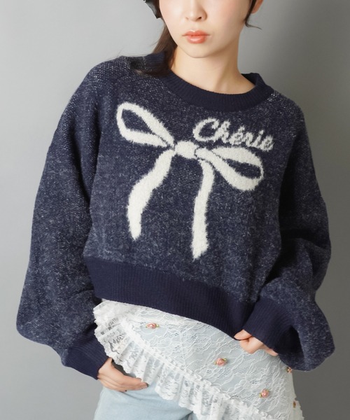 SPINNS(スピンズ)の「大きなリボンが主役☆クロップド丈フェザーニット/リボン(ニット/セーター・レディース・ネイビー/ボルドー/アイボリー/グレー・ONESIZE)」の16枚目の写真