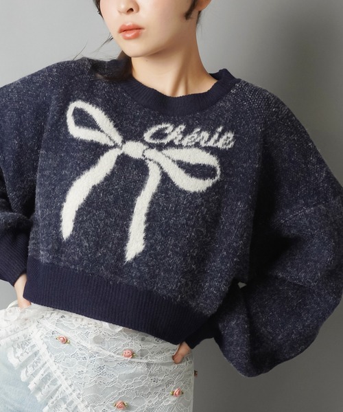 SPINNS(スピンズ)の「大きなリボンが主役☆クロップド丈フェザーニット/リボン(ニット/セーター・レディース・ネイビー/ボルドー/アイボリー/グレー・ONESIZE)」の18枚目の写真