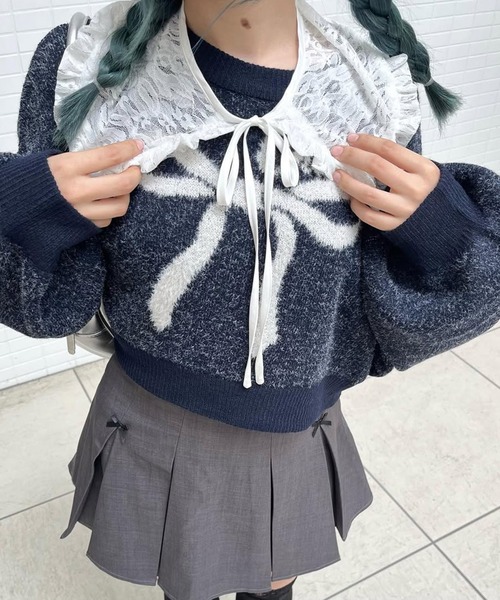 セール】大きなリボンが主役☆クロップド丈フェザーニット/リボン