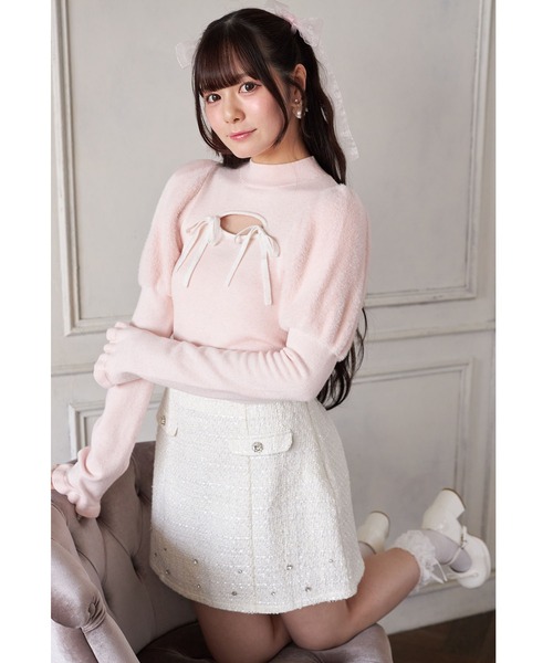 Suyunn(スユン)の「リボン付きパフスリーブラメシャギーニットプルオーバー(ニット/セーター・レディース・ホワイト/ピンク・M)」の15枚目の写真
