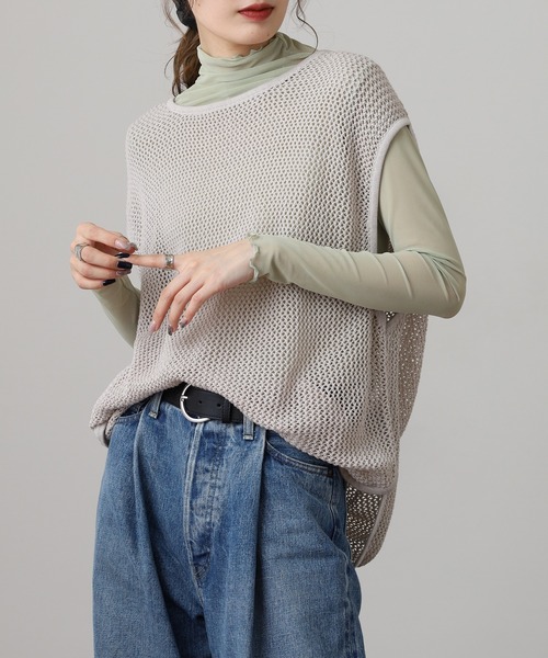 atONE(アットワン)の「メッシュノースリーブニットトップス(ベスト・レディース・ライトグレー/オフホワイト/ブラック・M-L/LL~3L/4L~5L)」の9枚目の写真