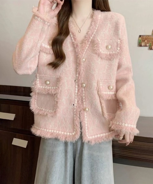 Miniministore(ミニミニストア)の「ツイード風ニットジャケットレディース上品(ブルゾン・レディース・ブラック/オフホワイト/ピンク/ブルー・FREE)」の4枚目の写真
