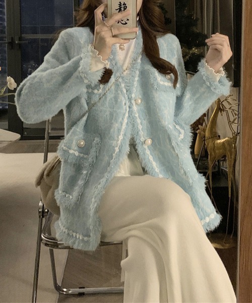 Miniministore(ミニミニストア)の「ツイード風ニットジャケットレディース上品(ブルゾン・レディース・ブラック/オフホワイト/ピンク/ブルー・FREE)」の12枚目の写真