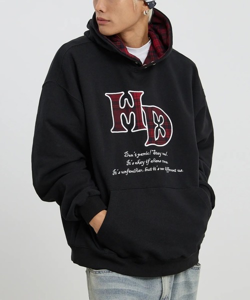 HOODHOOD(フッドフッド)の「【UNISEX】HOODHOOD/チェックアップリケフード(パーカー・レディース・ブラック/ライトグレー・MEDIUM/LARGE)」の1枚目の写真