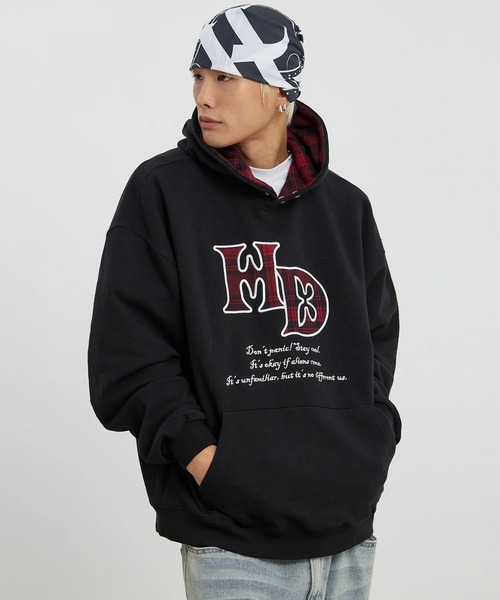 HOODHOOD(フッドフッド)の「【UNISEX】HOODHOOD/チェックアップリケフード(パーカー・レディース・ブラック/ライトグレー・MEDIUM/LARGE)」の5枚目の写真