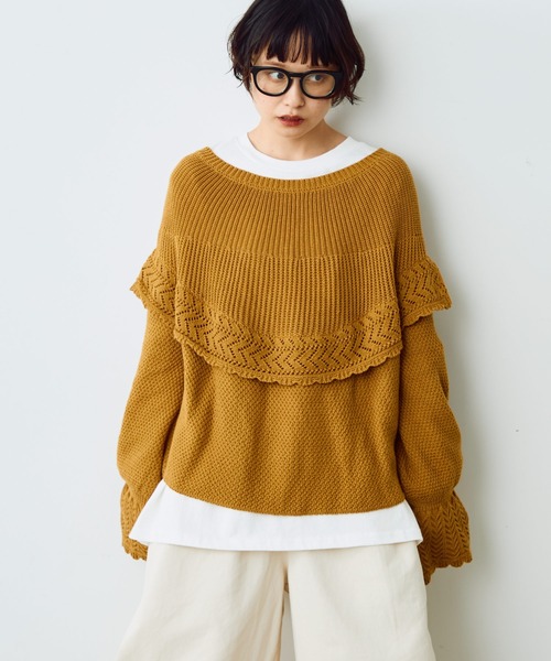 Crisp（クリスプ）の「ラウンドフリルショートニット（ニット/セーター・レディース・マスタード/アイボリー・FREE）」の2枚目の写真