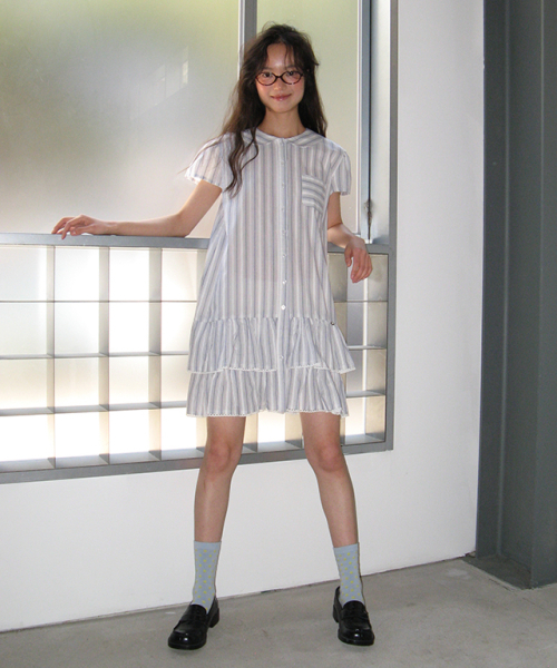 RONRON(ロンロン)の「ROUND COLLAR FRILL KANGKANG SHIRT DRESS BLUE STRIPE(ワンピース・レディース・その他・FREE)」の1枚目の写真