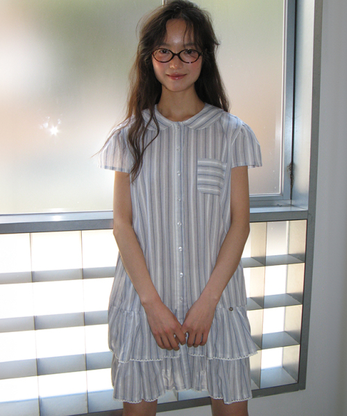 RONRON(ロンロン)の「ROUND COLLAR FRILL KANGKANG SHIRT DRESS BLUE STRIPE(ワンピース・レディース・その他・FREE)」の2枚目の写真