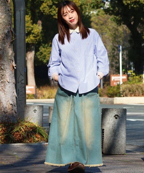 KRIFF MAYER Lady's Collection（クリフメイヤーレディースコレクション）の「袖リブハッピーシャツ / 異素材切替ビッグシャツ（スナップボタン・体型カバー）（シャツ/ブラウス・レディース・サックスブルー/オフホワイト/ピンク/その他5/ネイビー/カラフル・LARGE/MEDIUM）」の13枚目の写真