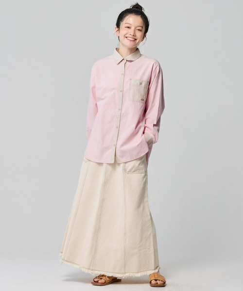 KRIFF MAYER Lady's Collection（クリフメイヤーレディースコレクション）の「袖リブハッピーシャツ / 異素材切替ビッグシャツ（スナップボタン・体型カバー）（シャツ/ブラウス・レディース・サックスブルー/オフホワイト/ピンク/その他5/ネイビー/カラフル・LARGE/MEDIUM）」の7枚目の写真