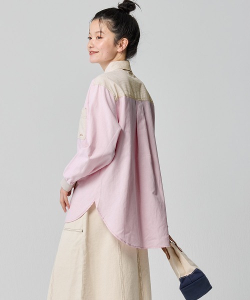 KRIFF MAYER Lady's Collection（クリフメイヤーレディースコレクション）の「袖リブハッピーシャツ / 異素材切替ビッグシャツ（スナップボタン・体型カバー）（シャツ/ブラウス・レディース・サックスブルー/オフホワイト/ピンク/その他5/ネイビー/カラフル・LARGE/MEDIUM）」の8枚目の写真