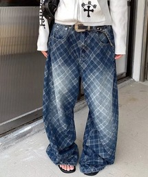 ユーズド加工チェック柄カーブデニムパンツ