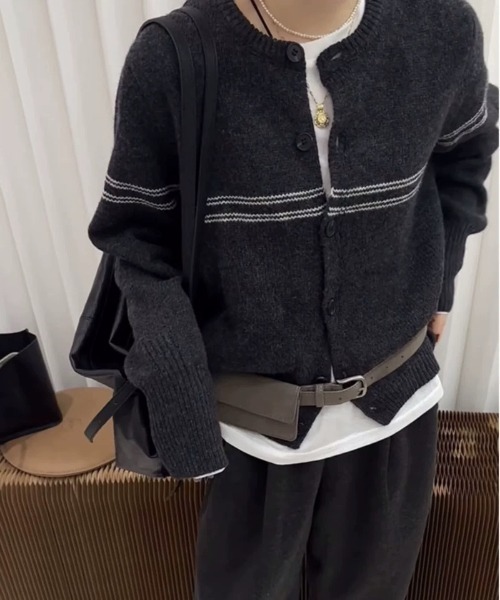 Beststore（ベストストア）の「クルーネックボーダーカーディガン 長袖 レディース（カーディガン/ボレロ・レディース・アイボリー/ダークグレー/ブラック・FREE）」の13枚目の写真