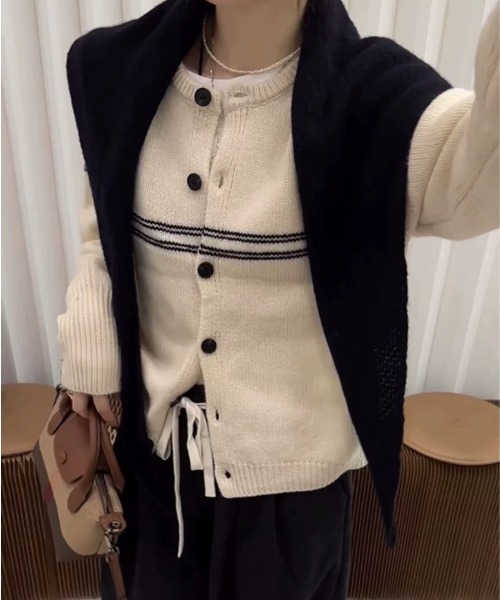 Beststore（ベストストア）の「クルーネックボーダーカーディガン 長袖 レディース（カーディガン/ボレロ・レディース・アイボリー/ダークグレー/ブラック・FREE）」の6枚目の写真