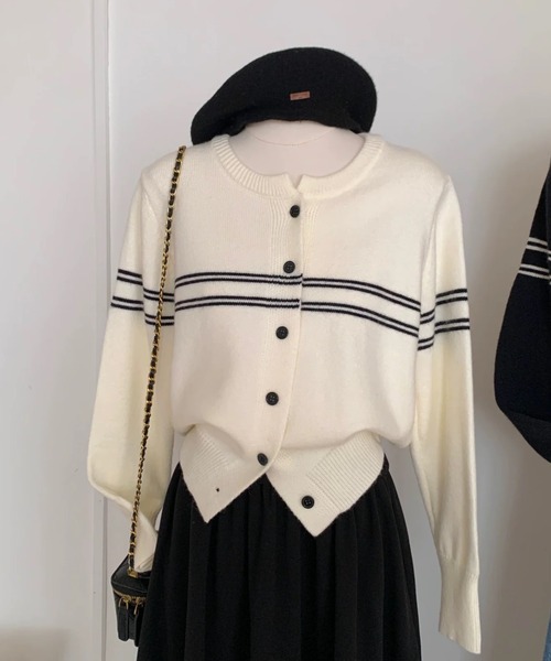 Beststore（ベストストア）の「クルーネックボーダーカーディガン 長袖 レディース（カーディガン/ボレロ・レディース・アイボリー/ダークグレー/ブラック・FREE）」の15枚目の写真