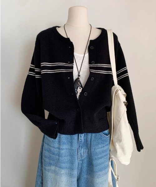 Beststore（ベストストア）の「クルーネックボーダーカーディガン 長袖 レディース（カーディガン/ボレロ・レディース・アイボリー/ダークグレー/ブラック・FREE）」の22枚目の写真