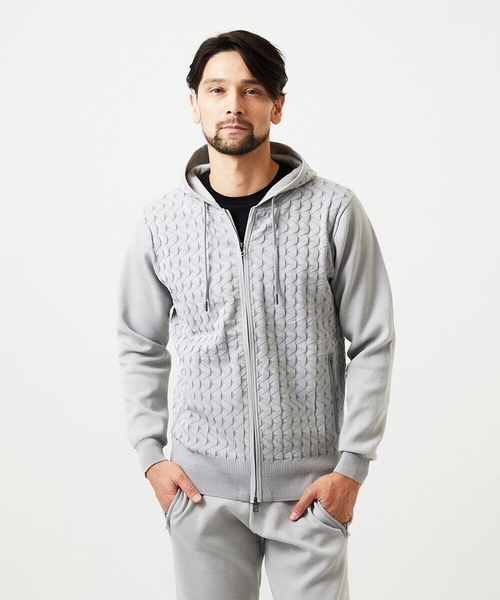MICHEL KLEIN HOMME   （ミッシェルクランオム）の「【セットアップ】ニットジップアップパーカー（パーカー・メンズ・ライトグレー/ブラック・MEDIUM/LARGE/X-LARGE）」の4枚目の写真