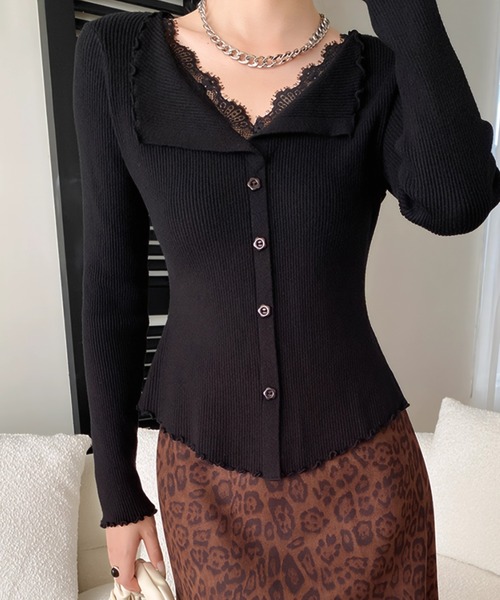 yuue' ( wear )（ユーイ）の「レース付きVネックメロウリブニットトップス（ニット/セーター・レディース・チャコールグレー/アイボリー/ブラック・FREE）」の2枚目の写真