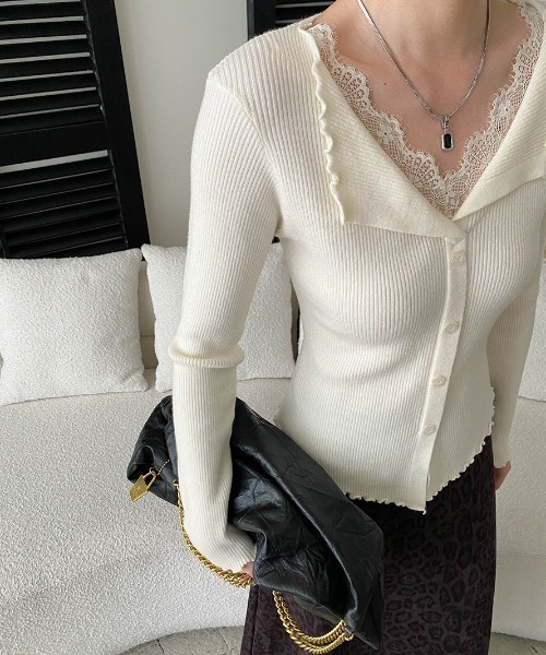 yuue' ( wear )（ユーイ）の「レース付きVネックメロウリブニットトップス（ニット/セーター・レディース・チャコールグレー/アイボリー/ブラック・FREE）」の4枚目の写真