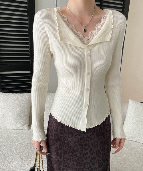 yuue' ( wear )（ユーイ）の「レース付きVネックメロウリブニットトップス（ニット/セーター・レディース・チャコールグレー/アイボリー/ブラック・FREE）」の6枚目の写真