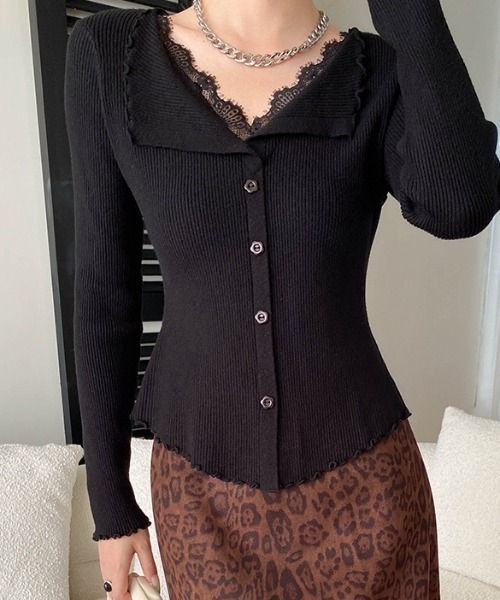 yuue' ( wear )（ユーイ）の「レース付きVネックメロウリブニットトップス（ニット/セーター・レディース・チャコールグレー/アイボリー/ブラック・FREE）」の13枚目の写真