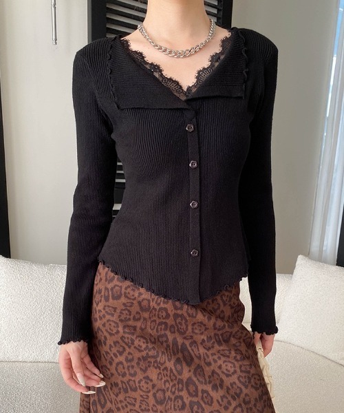 yuue' ( wear )（ユーイ）の「レース付きVネックメロウリブニットトップス（ニット/セーター・レディース・チャコールグレー/アイボリー/ブラック・FREE）」の16枚目の写真