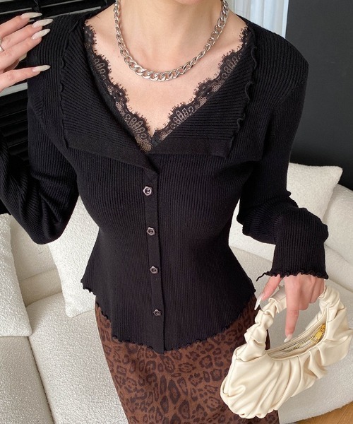 yuue' ( wear )（ユーイ）の「レース付きVネックメロウリブニットトップス（ニット/セーター・レディース・チャコールグレー/アイボリー/ブラック・FREE）」の15枚目の写真