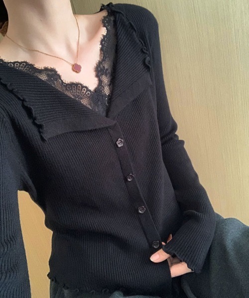 yuue' ( wear )（ユーイ）の「レース付きVネックメロウリブニットトップス（ニット/セーター・レディース・チャコールグレー/アイボリー/ブラック・FREE）」の19枚目の写真