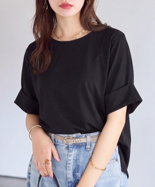 Viola e Viola(ヴィオラエヴィオラ)の「ちゃっかり細見え!デザイン袖トップス(Tシャツ/カットソー・レディース・グレイッシュブルー/ブラック/オリーブ/ホワイト/チャコール・LL/L/M)」の1枚目の写真