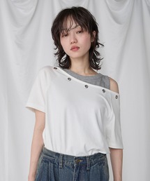 【Unblend】2Way ボートネック/ワンショルダー ハトメラグランスリーブ半袖Tシャツ〈セットアップ対応〉