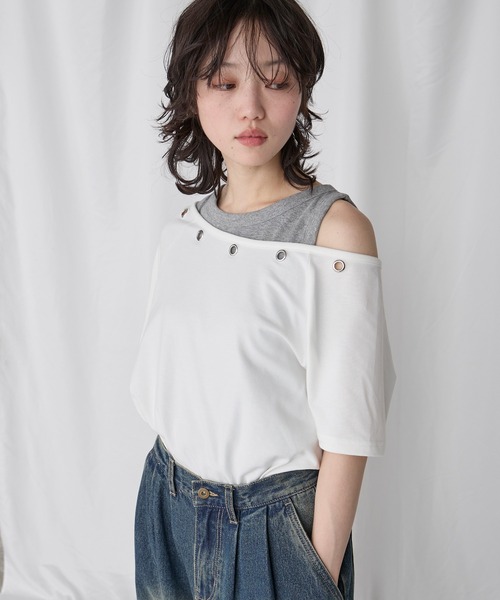 Unblend（アンブレンド）の「【Unblend】2Way ボートネック/ワンショルダー ハトメラグランスリーブ半袖Tシャツ〈セットアップ対応〉（Tシャツ/カットソー・レディース・杢グレー/オフホワイト/ホワイト系/ブラック・FREE）」の9枚目の写真