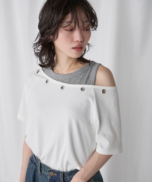 Unblend（アンブレンド）の「【Unblend】2Way ボートネック/ワンショルダー ハトメラグランスリーブ半袖Tシャツ〈セットアップ対応〉（Tシャツ/カットソー・レディース・杢グレー/オフホワイト/ホワイト系/ブラック・FREE）」の13枚目の写真