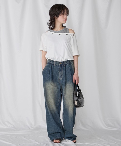 Unblend（アンブレンド）の「【Unblend】2Way ボートネック/ワンショルダー ハトメラグランスリーブ半袖Tシャツ〈セットアップ対応〉（Tシャツ/カットソー・レディース・杢グレー/オフホワイト/ホワイト系/ブラック・FREE）」の14枚目の写真