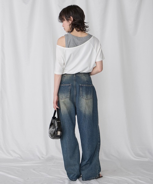 Unblend（アンブレンド）の「【Unblend】2Way ボートネック/ワンショルダー ハトメラグランスリーブ半袖Tシャツ〈セットアップ対応〉（Tシャツ/カットソー・レディース・杢グレー/オフホワイト/ホワイト系/ブラック・FREE）」の15枚目の写真