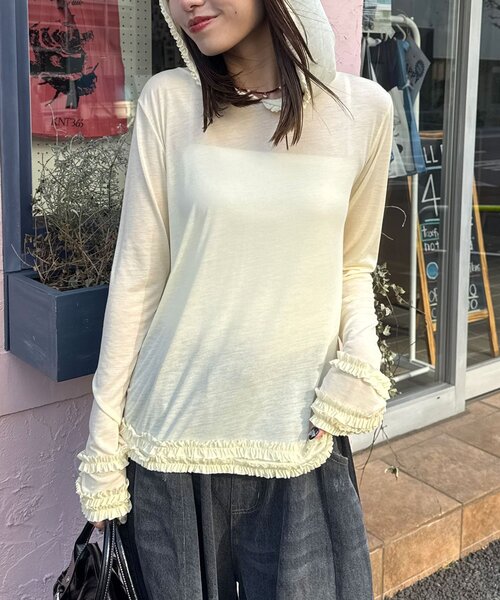 CIAOPANIC(チャオパニック)の「シアーフリルフーディートップス(Tシャツ/カットソー・レディース・チャコールグレー/イエロー/ホワイト・ONE SIZE)」の3枚目の写真