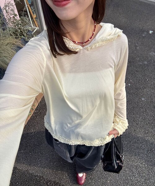CIAOPANIC(チャオパニック)の「シアーフリルフーディートップス(Tシャツ/カットソー・レディース・チャコールグレー/イエロー/ホワイト・ONE SIZE)」の21枚目の写真