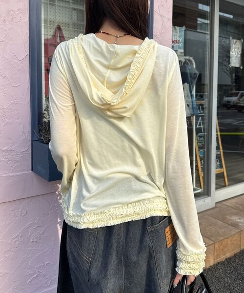 CIAOPANIC(チャオパニック)の「シアーフリルフーディートップス(Tシャツ/カットソー・レディース・チャコールグレー/イエロー/ホワイト・ONE SIZE)」の22枚目の写真