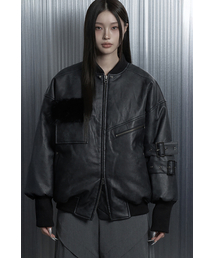 Leather Classic Side Belt Bomber Jacket (Black)