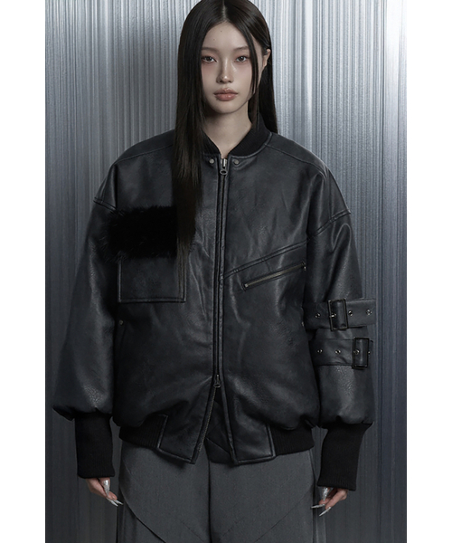 ETRE AU SOMMET(エトレオソメ)の「Leather Classic Side Belt Bomber Jacket (Black)(ブルゾン・レディース・その他・FREE)」の1枚目の写真