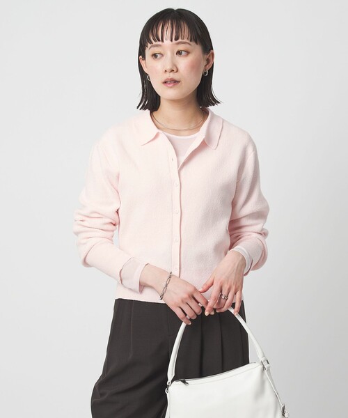 green label relaxing（グリーンレーベルリラクシング）の「ブークレ ポロカーディガン ウォッシャブル（カーディガン/ボレロ・レディース・ブラック/オフホワイト/ライトピンク・FREE）」の3枚目の写真