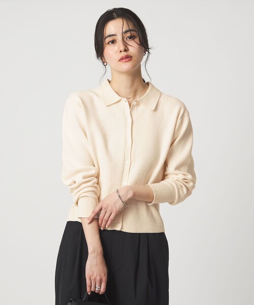 green label relaxing（グリーンレーベルリラクシング）の「ブークレ ポロカーディガン ウォッシャブル（カーディガン/ボレロ・レディース・ブラック/オフホワイト/ライトピンク・FREE）」の2枚目の写真